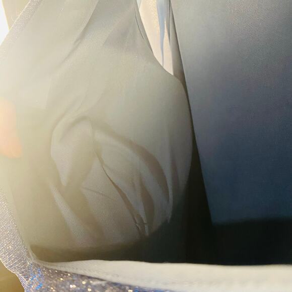 Ieena for Mac Duggal Blue Metallic Deep V-Neck Front Twist Maxi Gown Size 4 - Picture 8 of 10